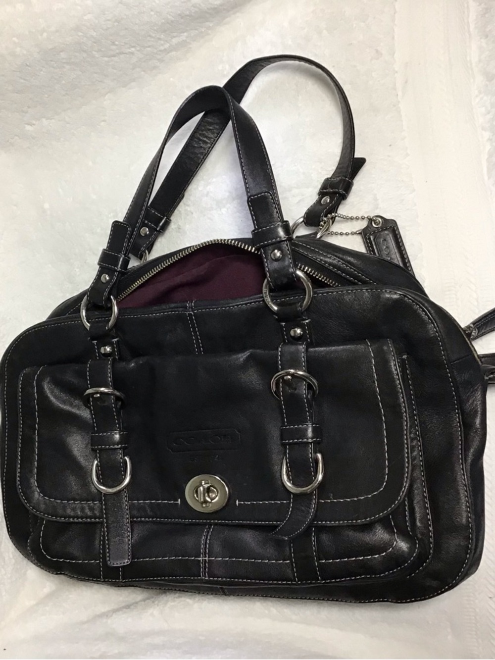 Coach Black Leather Satchel with Front Turnlock and Double Handles